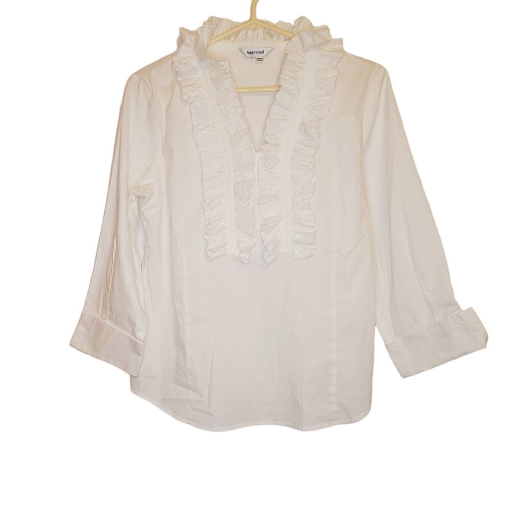 Appraisal White Ruffled Front V Neck Long Sleeved Cotton Blouse Large romantic